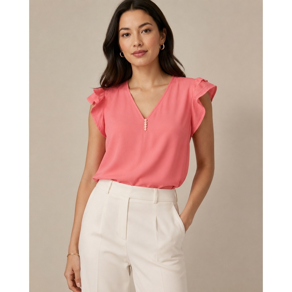 Ann Taylor Coral Pink Flutter Sleeve Pearl Button V-Neck Blouse Small